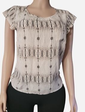 Cynthia Rowley Cream and Black Patterned Flutter Sleeve Blouse